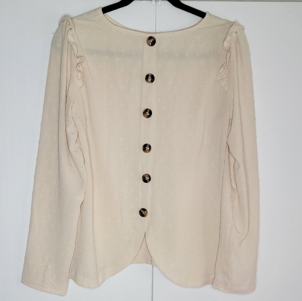 Romantic Cream Button Front Blouse | Textured Ruffle Shoulder Top M